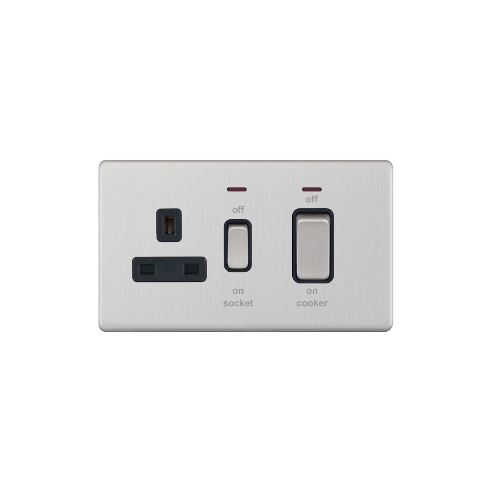 Hilton 45A Double Pole Switch+13A Sc With Neon - Brush Chrome with Black Insert