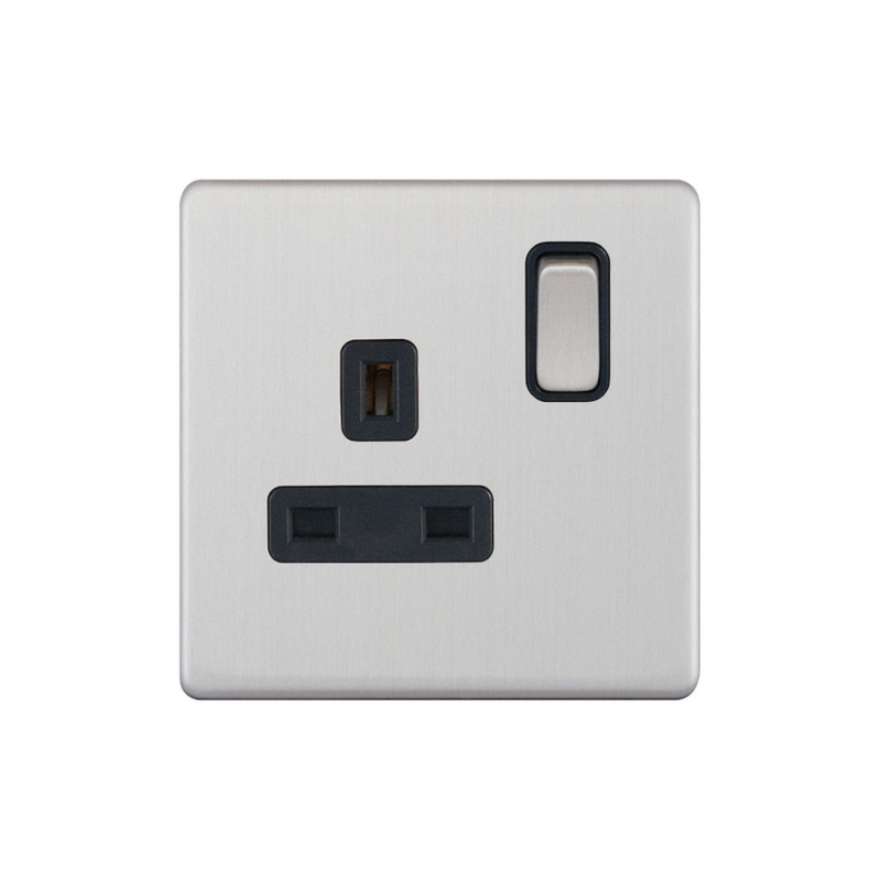 Hilton 13A 1 Gang Switched DP Screwless Socket - Brush Chrome with Black Insert