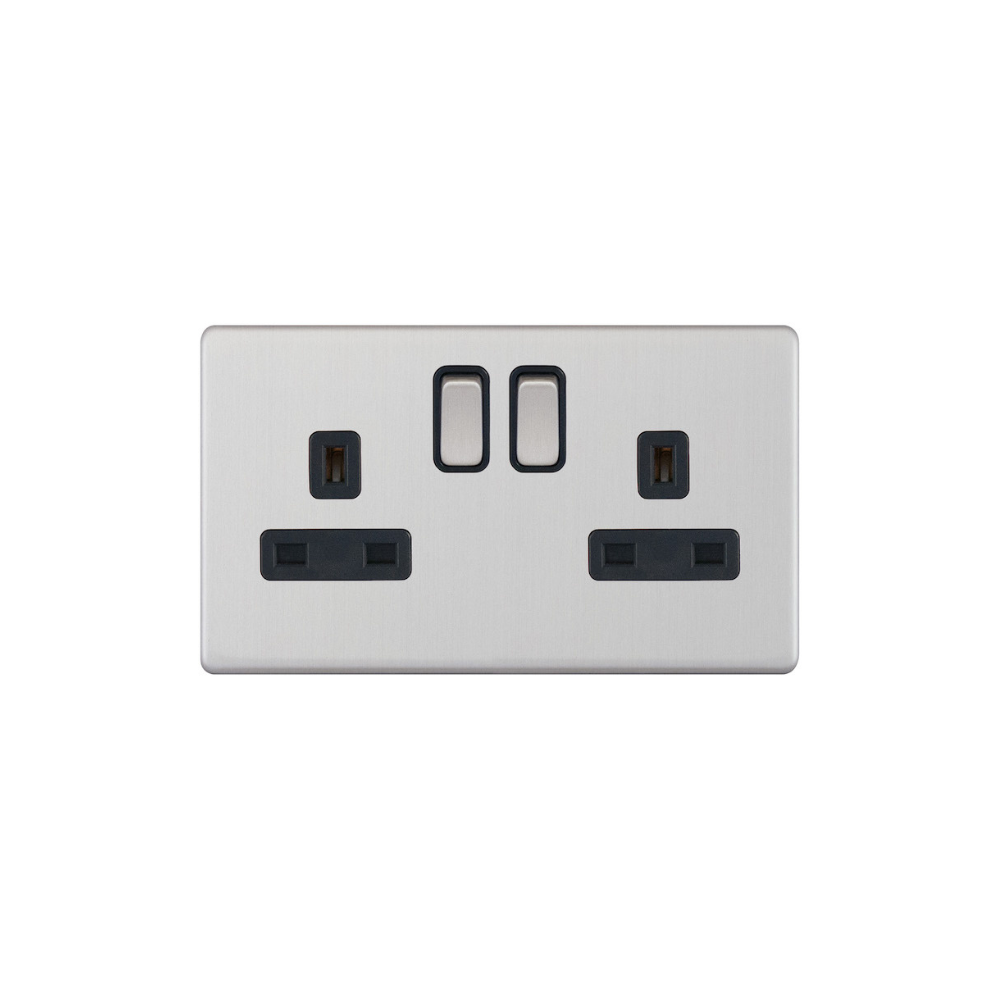 Hilton 13 Amp Double Socket Outlet DP Switched - Brush Chrome with Black Insert