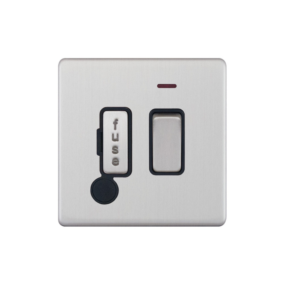 Hilton 13 Amp Fused Connection Unit Switched With Neon & Flex Outlet - Brush Chrome with Black Insert