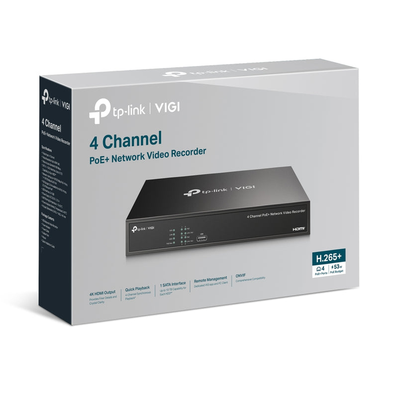 TP-Link VIGI 4-Channel PoE+ Network Video Recorder – 4K HDMI Output, 80Mbps Bandwidth