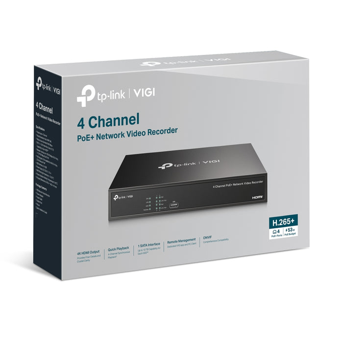 TP-Link VIGI 4-Channel PoE+ Network Video Recorder – 4K HDMI Output, 80Mbps Bandwidth