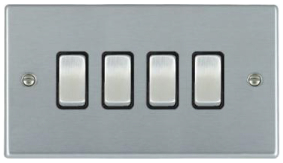 Hamilton 74R24SS-B 4 Gang 10AX 2 Way Rocker Switch- Satin Steel & Black Inserts