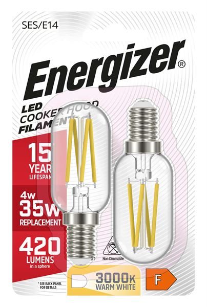 Energizer S13564 Cookerhood LED Filament Bulbs E14 420lm 4W 2700K, Warm White (Twin Pack)