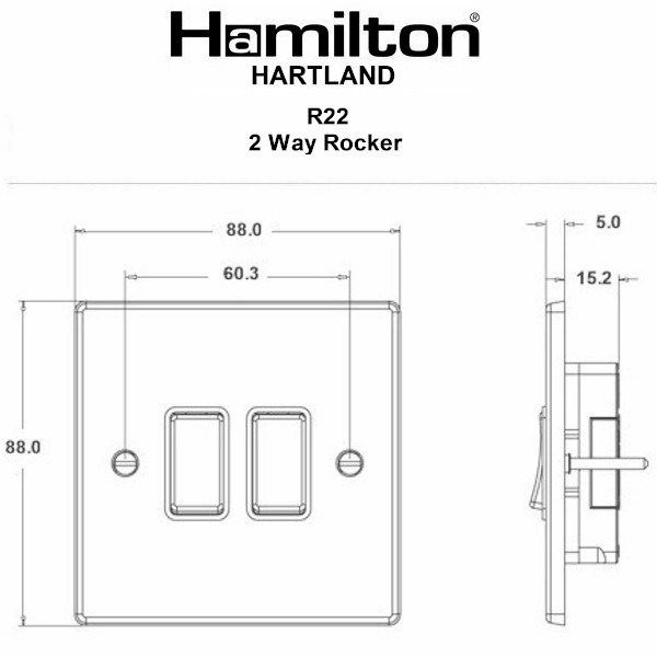 Hamilton 74R22SS-B 2 Gang 10AX 2 Way Rocker Switch - Satin Steel & Black Inserts