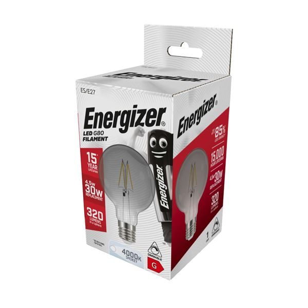 Energizer S15031 Smokey LED Filament Bulb G80 E27 320lm 4.5W 4000K, Cool White Dimmable