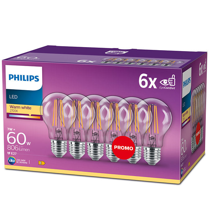 Philips Classic LED 40W A60 E27 Warm White, Non Dimmable Bulbs - Pack of 6