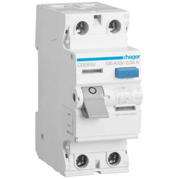 Hager CD285U 2 Module Double Pole Type A (Class A) RCD 100A 30mA