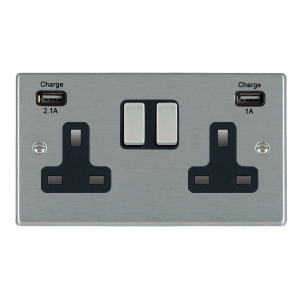 Hamilton 74SS2USBSS-B 2 Gang 13A Single Pole Swithced Socket with Dual USB Outlets - Satin Steel & Black Inserts