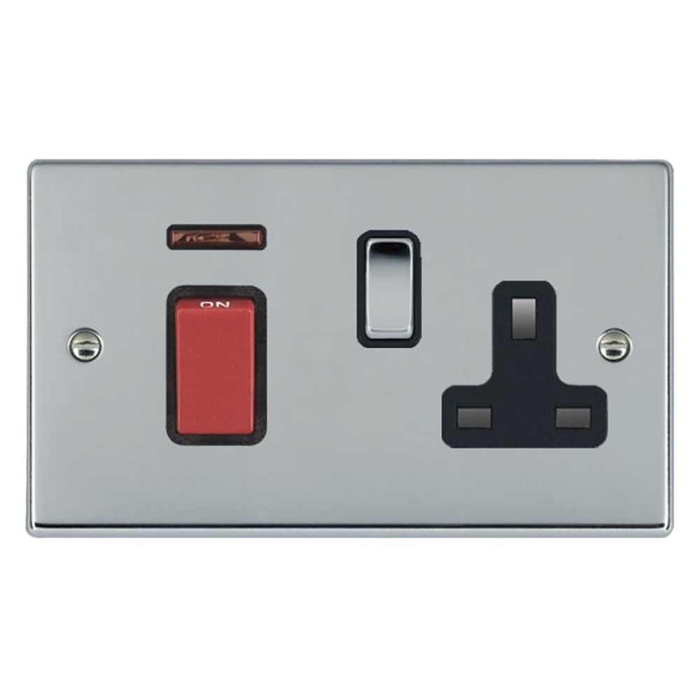 Hamilton 45A DP  Switched Socket and Neon 2 Gang Red Rocker - Bright Steel and Black Insert