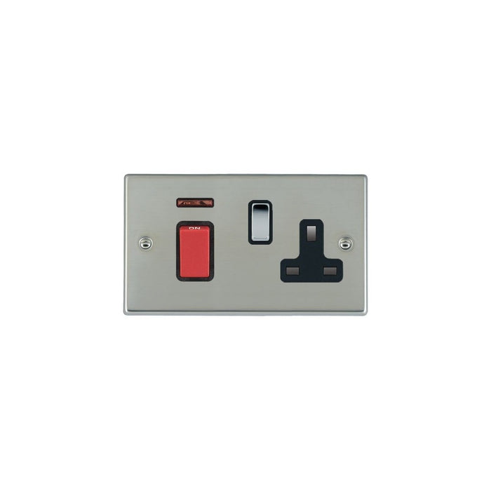 Hamilton 7345SS1BC-B 45A DP  Switched Socket and Neon 2 Gang Red Rocker - Bright Steel and Black Insert