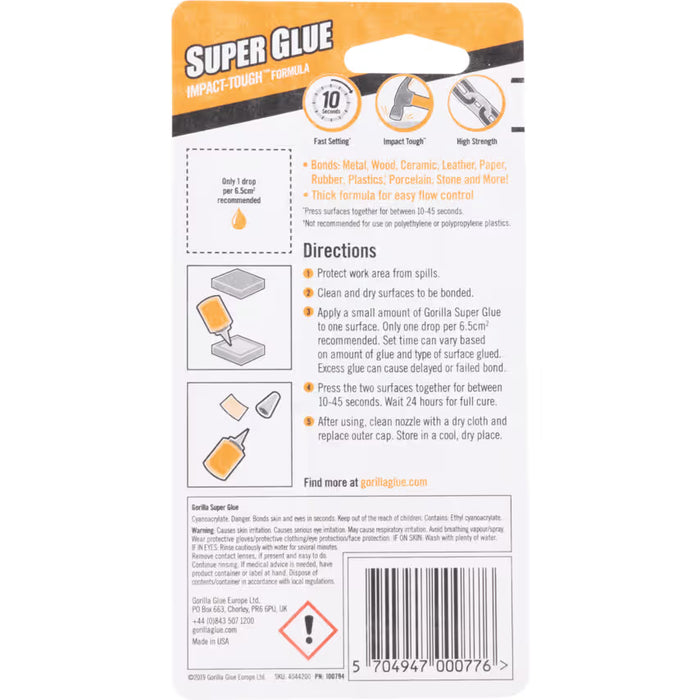 Gorilla Glue Instant Adhesive, Fast Bonding Time, Bottle, 15g