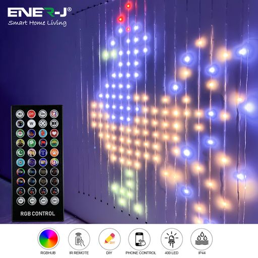 Ener J Smart Curtain Lights 2*2m, 400 LED's, Included Remote Control, with 3m Extension Cable Controller & UK 3 Pin Plug