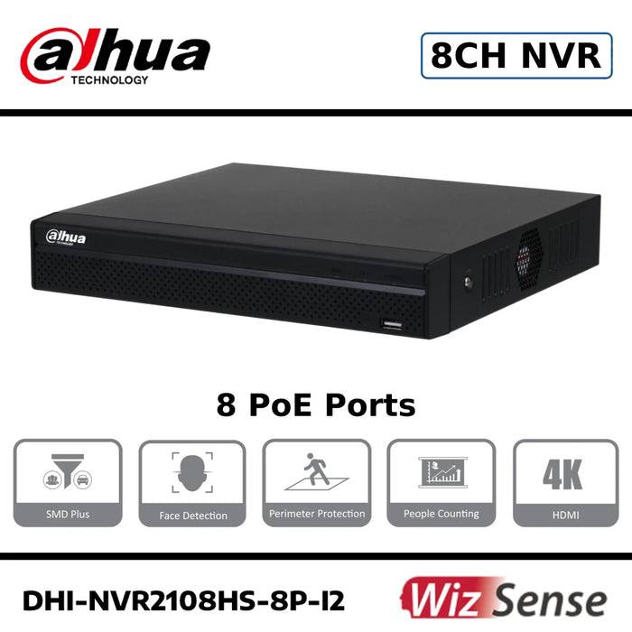 Dahua DHI-NVR2108HS-8P-I2 8 Channel Compact 1U 8PoE 1HDD WizSense Network Video Recorder