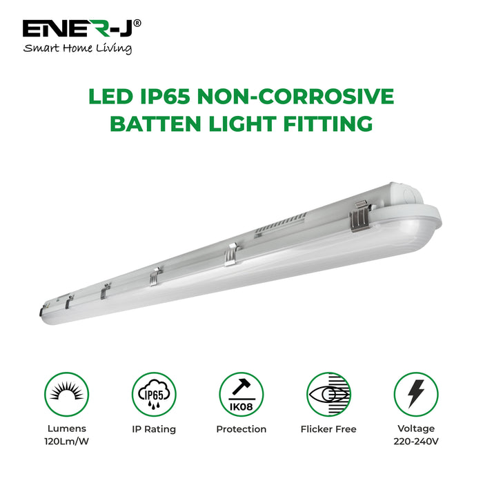 Ener J LED Batten Non Corrosive IP65 Fitting, 1.5m 50W, 120 Lumens Per Watt, 6000K with Emergency Back Up