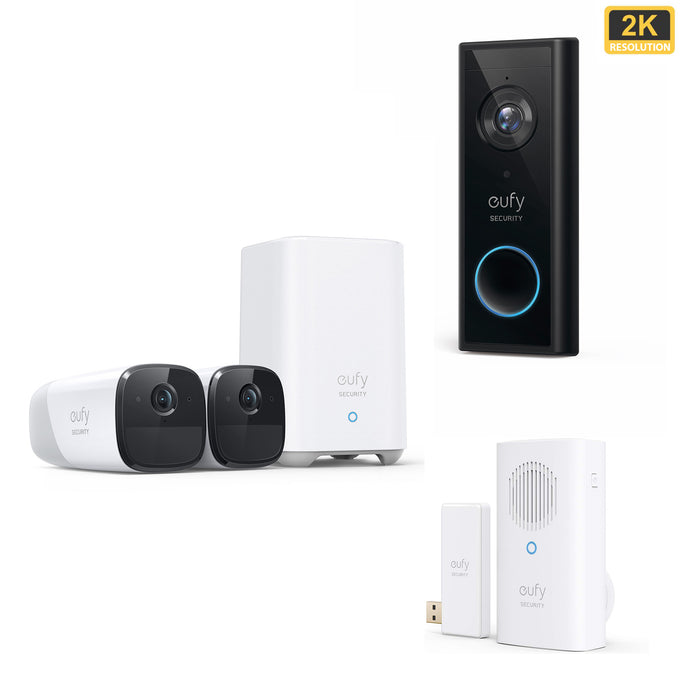 EufyCam 2 Pro - 2 Cam Kit with HomeBase 2 & Eufy Video Doorbell 2K (Battery-Powered) Add-on & Eufy - Add on Doorbell Chime for HomeBase
