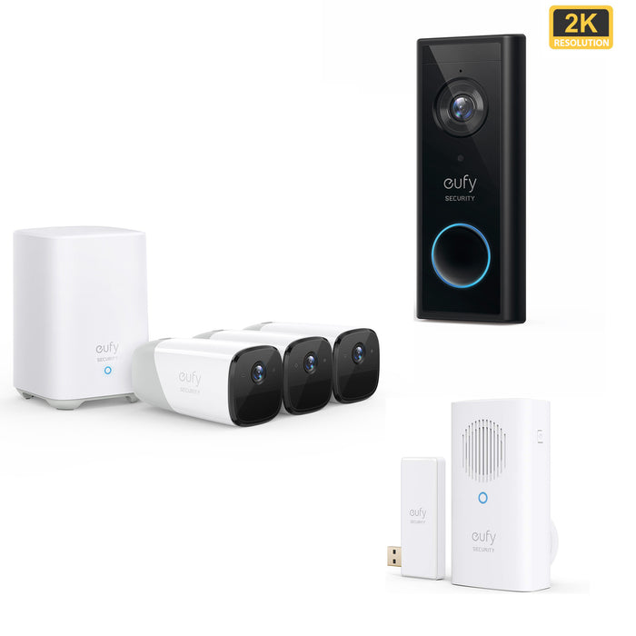 EufyCam 2 Pro - 3 Cam Kit with HomeBase 2 & Eufy Video Doorbell 2K (Battery-Powered) Add-on & Eufy Add on Doorbell Chime
