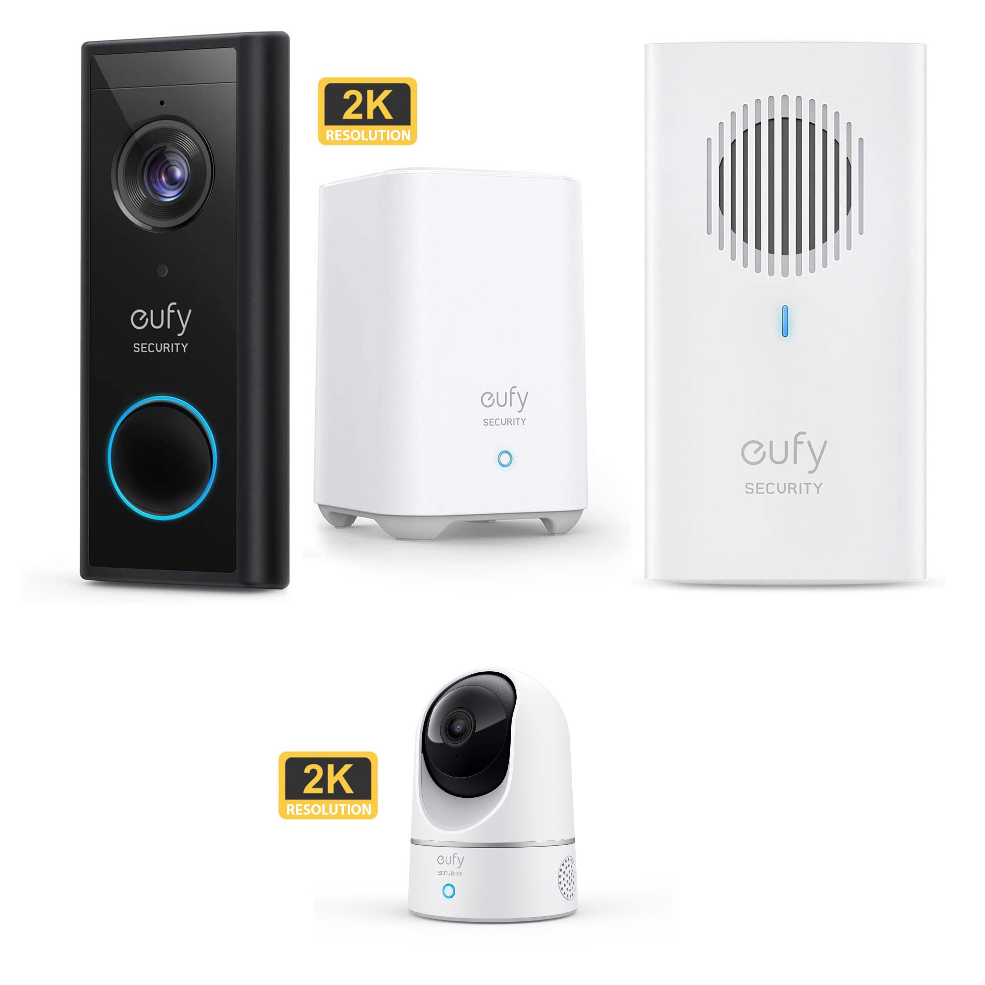 Eufy Video Doorbell 2K (Battery-Powered) with HomeBase 2 & Indoor Cam 2K Pan and Tilt &  Add on Doorbell Chime *Mega Bundle*