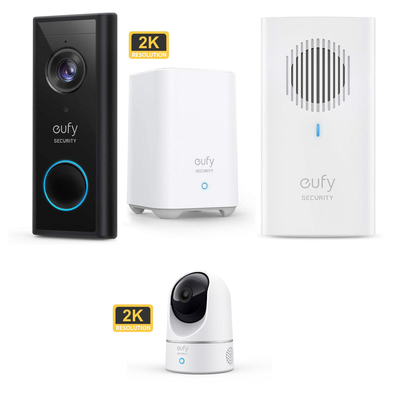 Eufy Video Doorbell 2K (Battery-Powered) with HomeBase 2 & Indoor Cam 2K Pan and Tilt &  Add on Doorbell Chime *Mega Bundle*