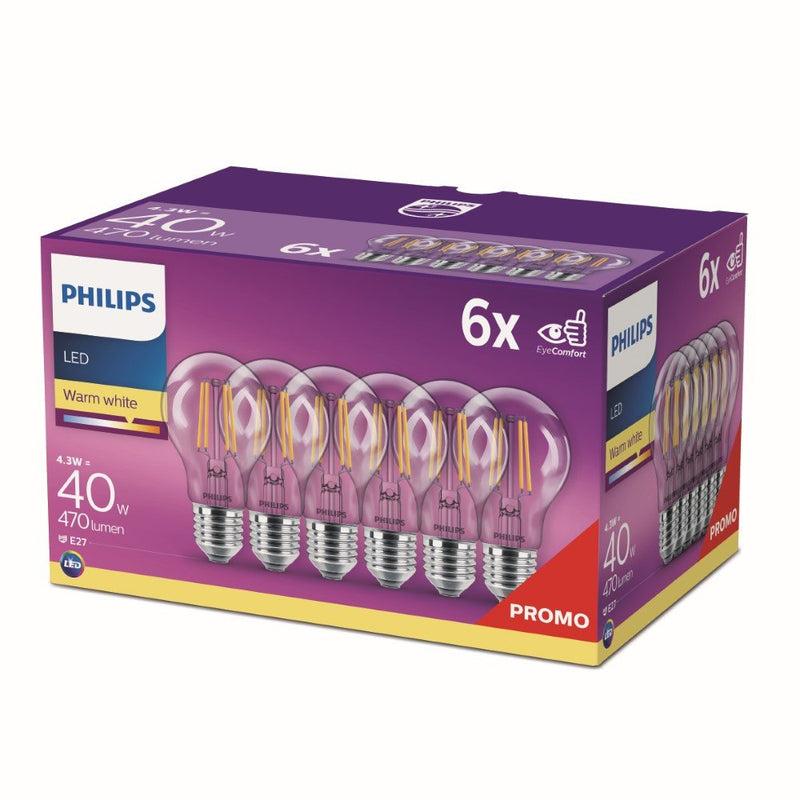 Philips Classic LED 40W A60 E27 Warm White, Non Dimmable Bulbs - Pack of 6