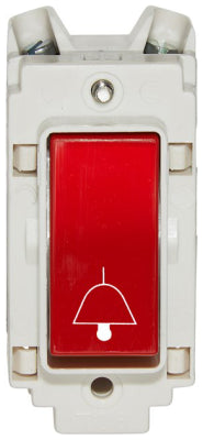 Crabtree 10A Retractive Grid Switch Printed 'Bell Symbol' with Red Rocker