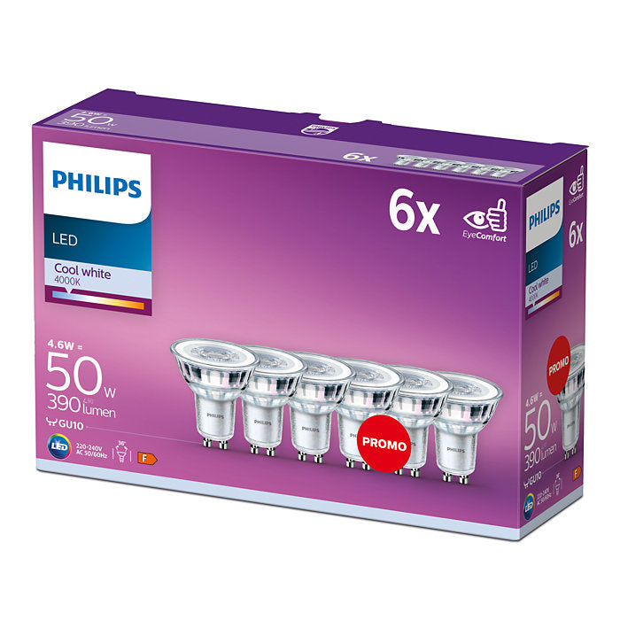 Philips Classic LED 50W GU10 Cool White 36D Pack of 6 Bulbs - Non Dimmable
