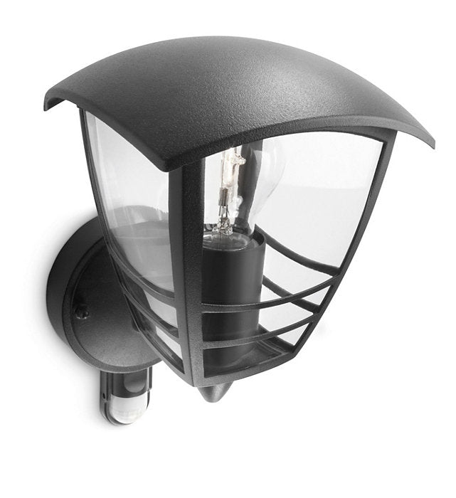 Philips Creek 1x60W 230V Up Outdoor Wall Lantern Black with PIR Sensor
