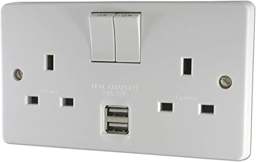Crabtree 13A 2 Gang Switched Socket with Twin USB Outlets White