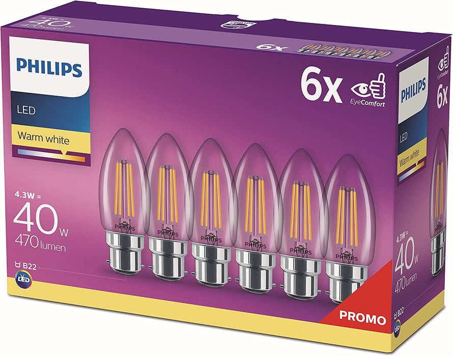 Philips LED classic 40W B35 B22 Warm White Candle Bulbs Pack of 6 - Non Dimmable