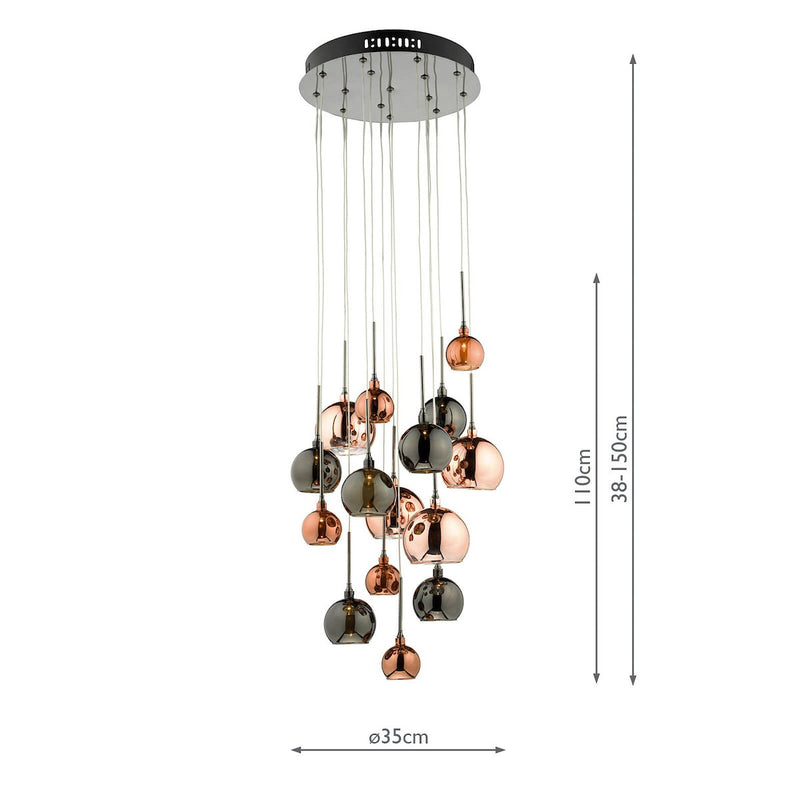AUR1564 15 Light Cluster Pendant with Copper & Bronze Glass Shades
