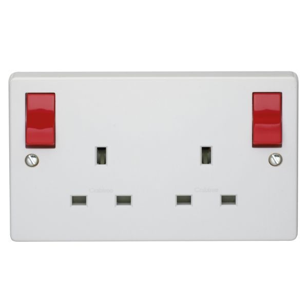 Crabtree 13A 2 Gang Double Pole Switched Socket With Red Outboard Rockers