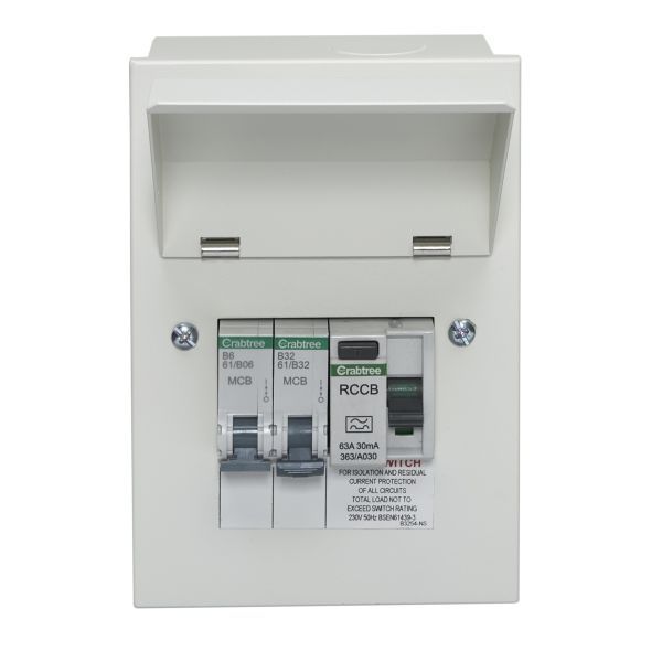Crabtree 2 Way Consumer Unit RCD Incomer 63A 30mA with 1x B6 and 1x B16 MCB