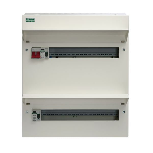 Crabtree 34 Way Duplex Dual RCD Consumer Unit 100A Main Switch, 80A 30mA RCD +16, 80A 30mA RCD +18