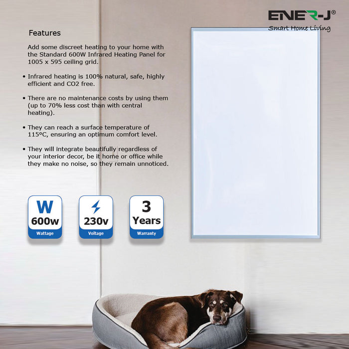Ener J 1005 x 595 Infrared Heating Panel, White Body, 600W