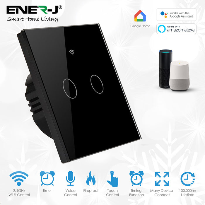 Ener J WiFi Smart 2 Gang Touch Switch, No Neutral Needed - Black