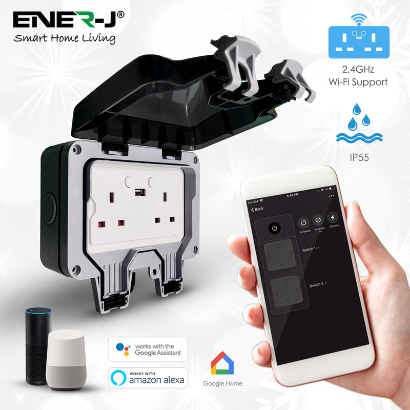 Ener-J Smart Wi-Fi Waterproof Double Socket IP55 with USB Port