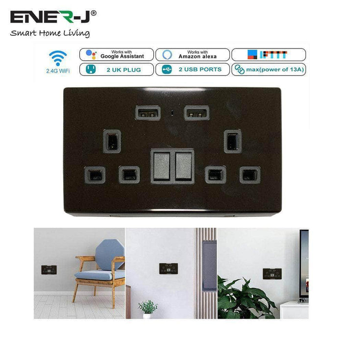 Ener-J Smart 13A Double Socket with Dual USB - Black