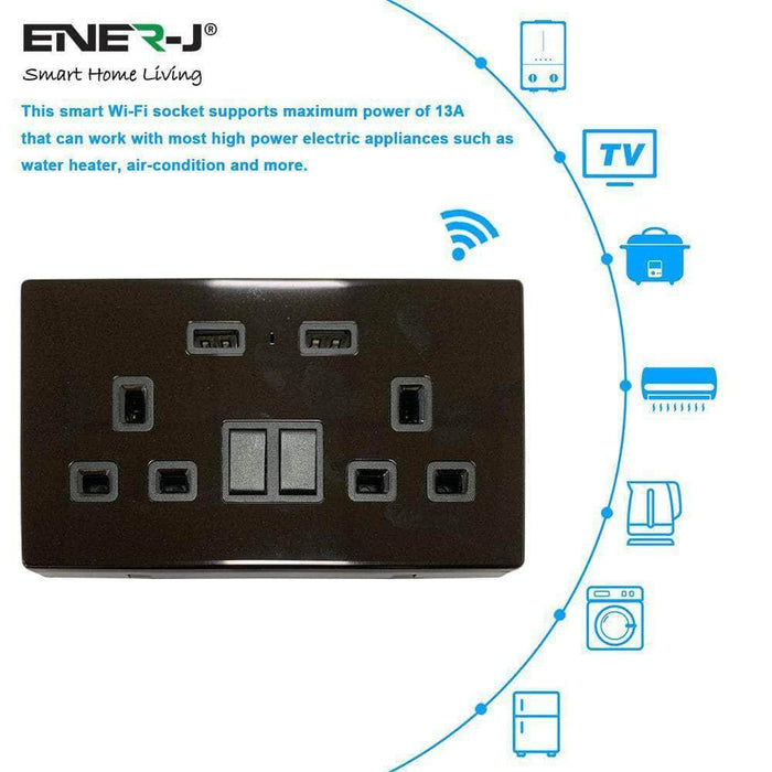 Ener-J Smart 13A Double Socket with Dual USB - Black