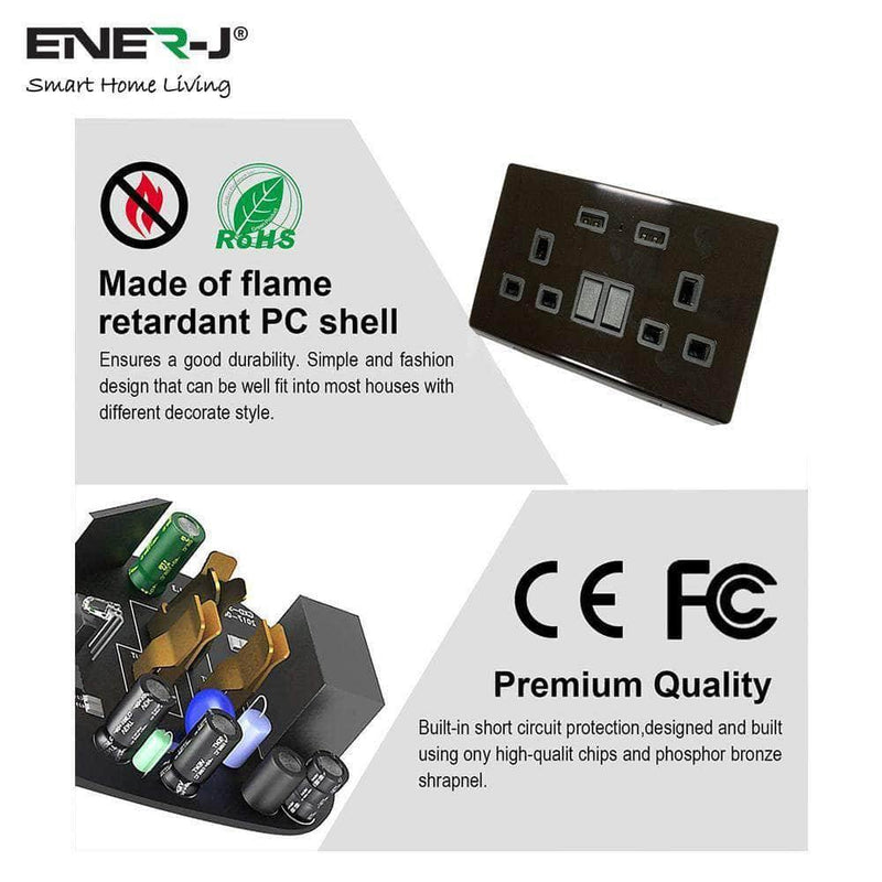 Ener-J Smart 13A Double Socket with Dual USB - Black