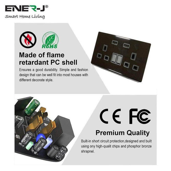 Ener-J Smart 13A Double Socket with Dual USB - Black