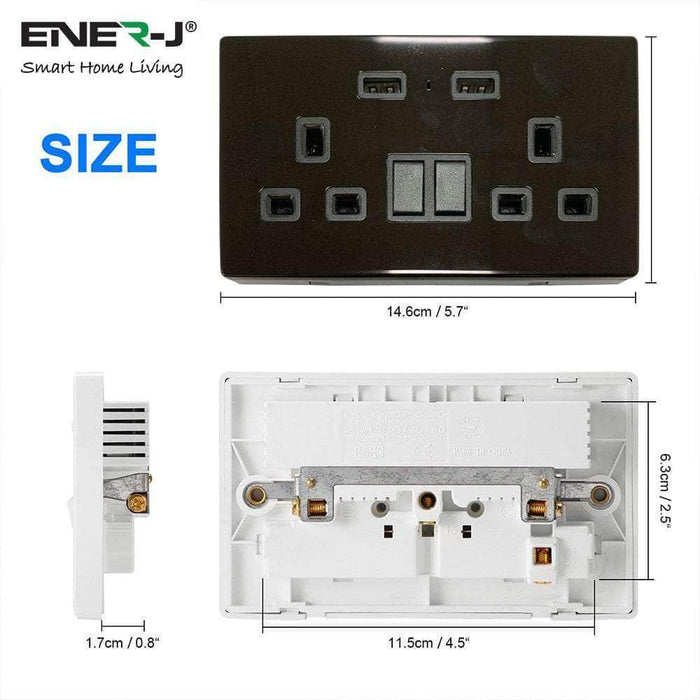 Ener-J Smart 13A Double Socket with Dual USB - Black