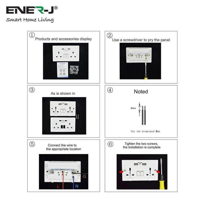 Ener-J Smart 13A Double Socket with Dual USB - Black
