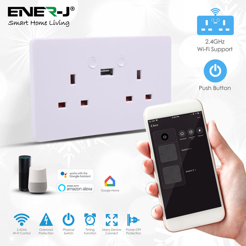 Ener-J Smart Wi-Fi Double Socket + USB (White Body)