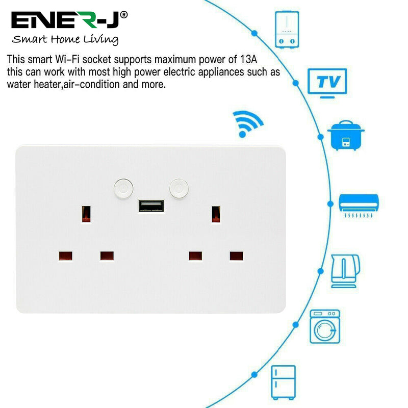 Ener-J Smart Wi-Fi Double Socket + USB (White Body)