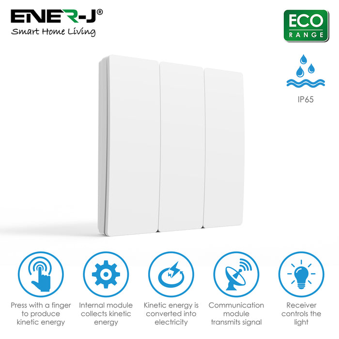 Ener-J 3 Gang Wireless Kinetic Switch White