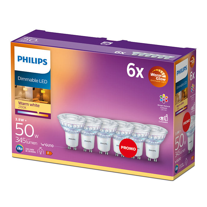 Philips Classic LED 50W GU10 C90 Warm White 36D Warm Glow Pack of 6 Dimmable Bulbs*