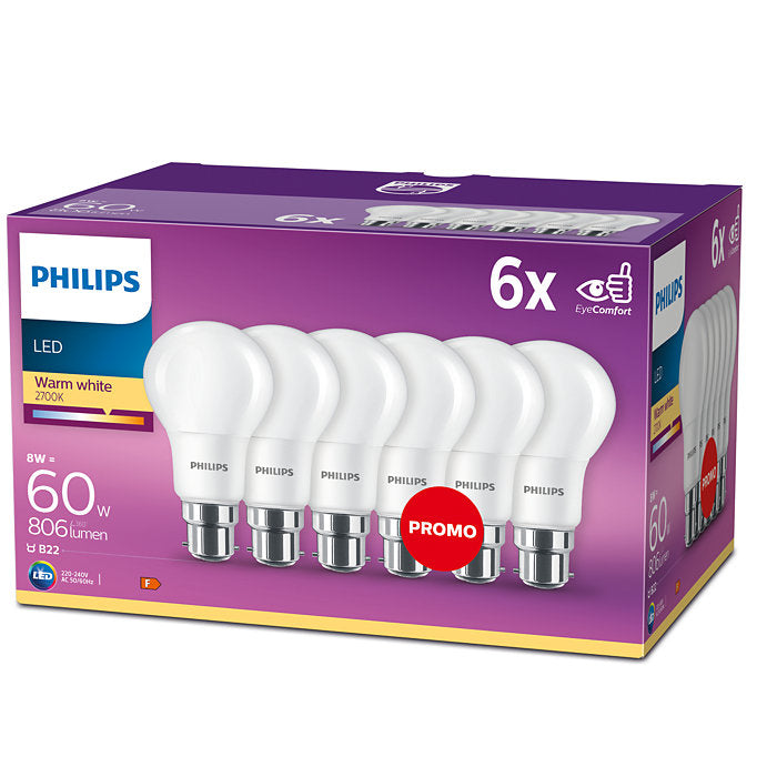 Philips LED 60W A60 B22 Warm White 230V Frosted Glass Pack of 6 Bulbs - Non Dimmable