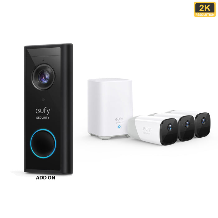 Eufy Video Doorbell 2K (Battery-Powered) Add-on & EufyCam 2 Pro - 3 Cam Kit with HomeBase 2 *Bundle*