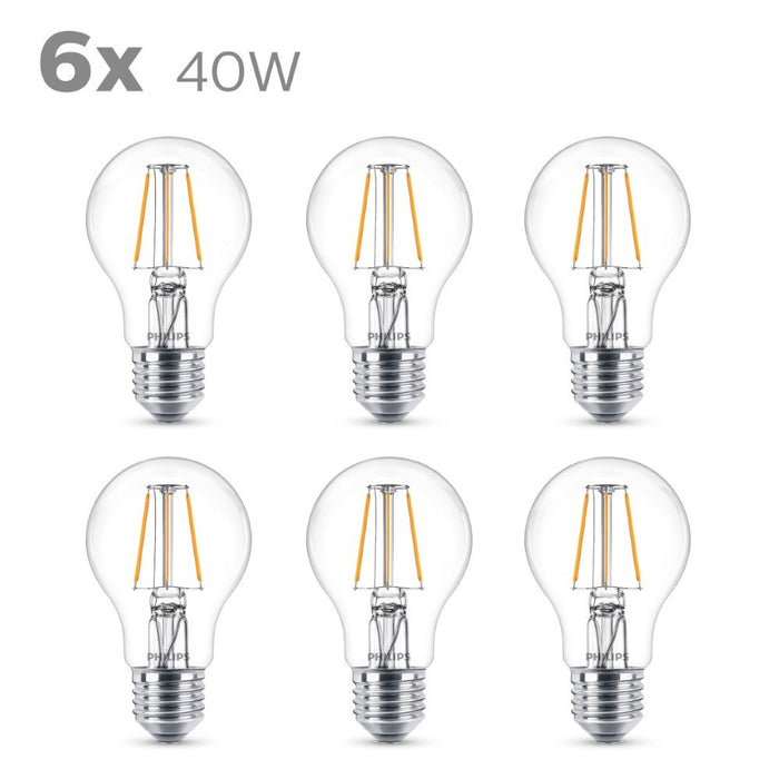 Philips Classic LED 40W A60 E27 Warm White, Non Dimmable Bulbs - Pack of 6