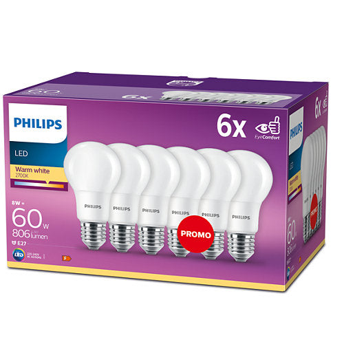Philips LED 60W A60 E27 Warm White 230V Frosted Glass Pack of 6 Bulbs - Non Dimmable
